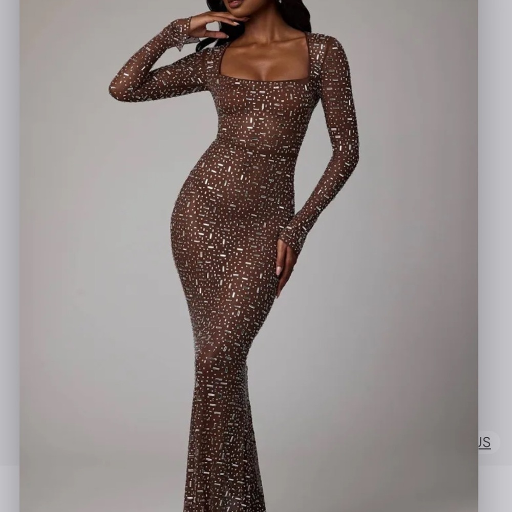 NWT Oh Polly long sleeve bodycon hot fix embellished maxi dress in beige